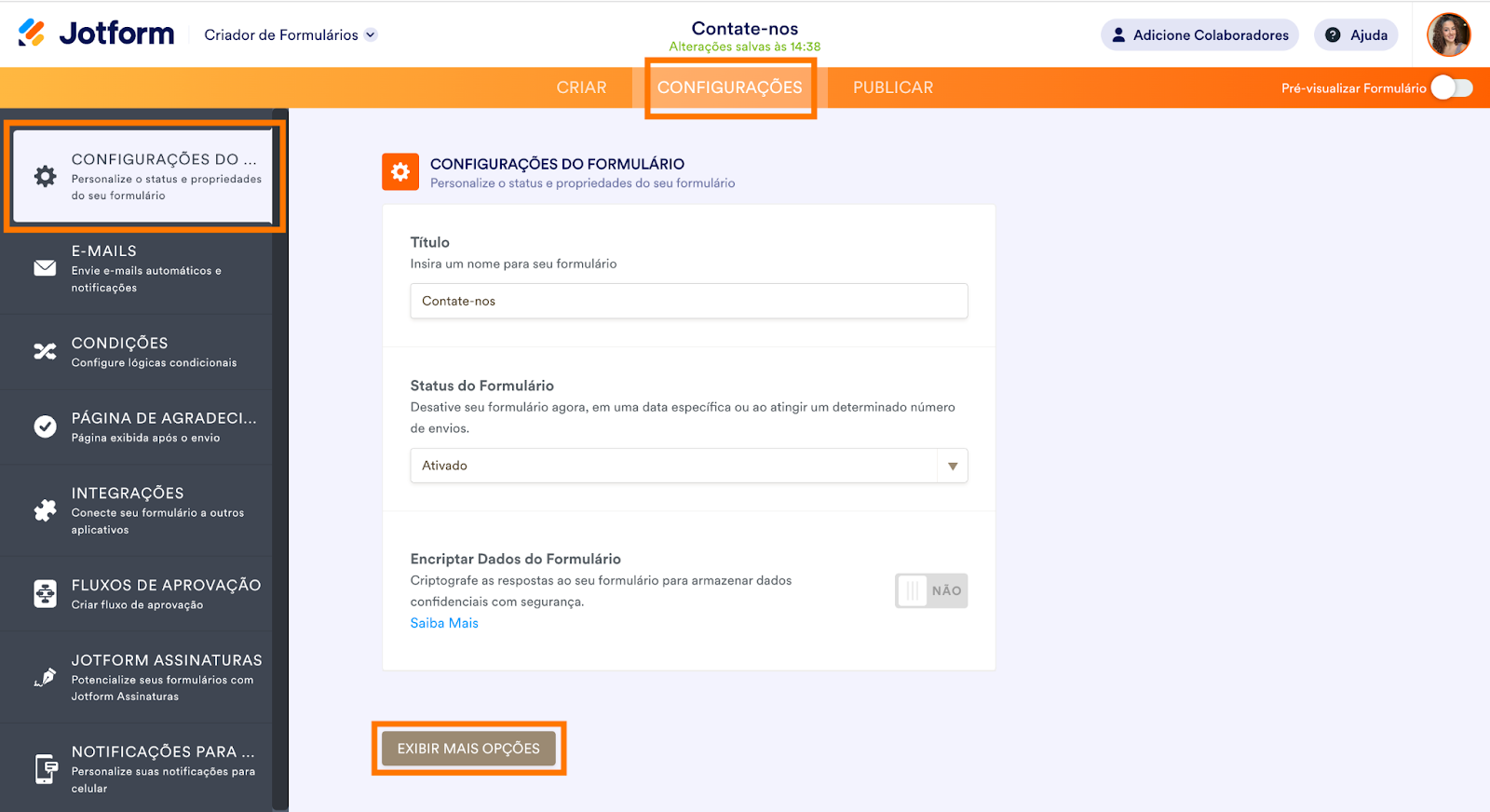 Captura de tela da página de Configurações do formulário clicando em Exibir Mais Opções