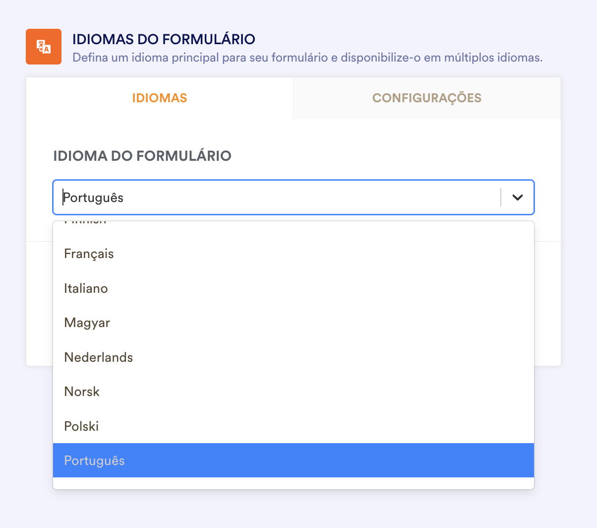 Selecionando o Idioma do Formulário