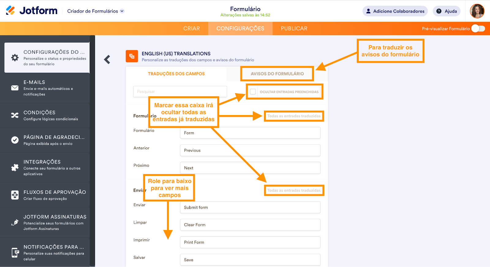 Explicação dos campos na seção de Traduções