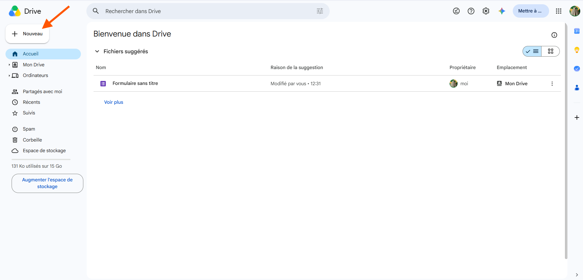 Capture d'écran de l'interface de Google drive avec une flèche pointant vers Nouveau