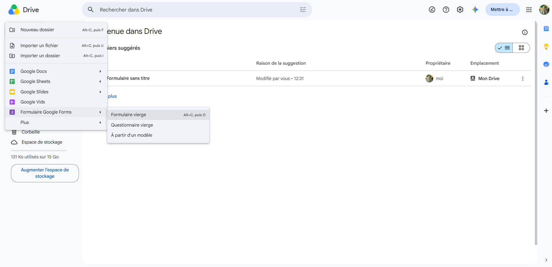 Capture d'écran du menu Nouveau dans Google Drive avec Formulaire Google Forms et Formulaire vierge sélectionnés