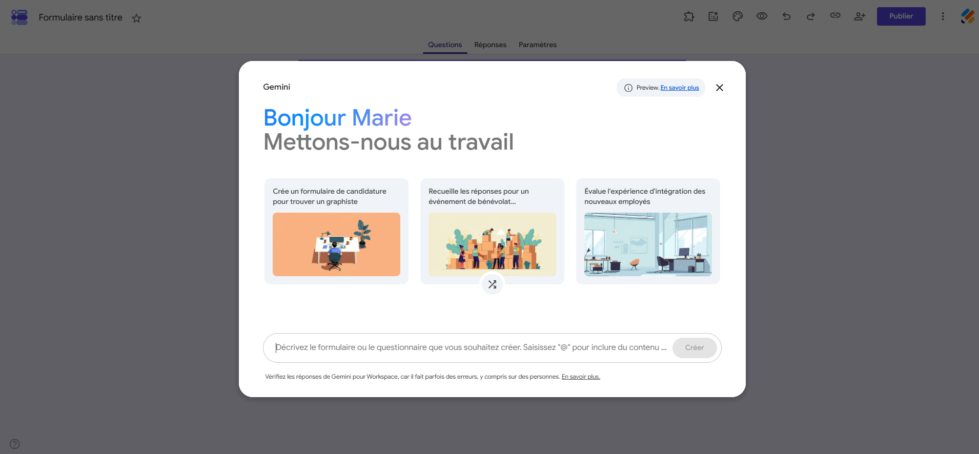 Capture d'écran de la fenêtre Gemini qui s'est ouverte dans le formulaire vierge Google Forms