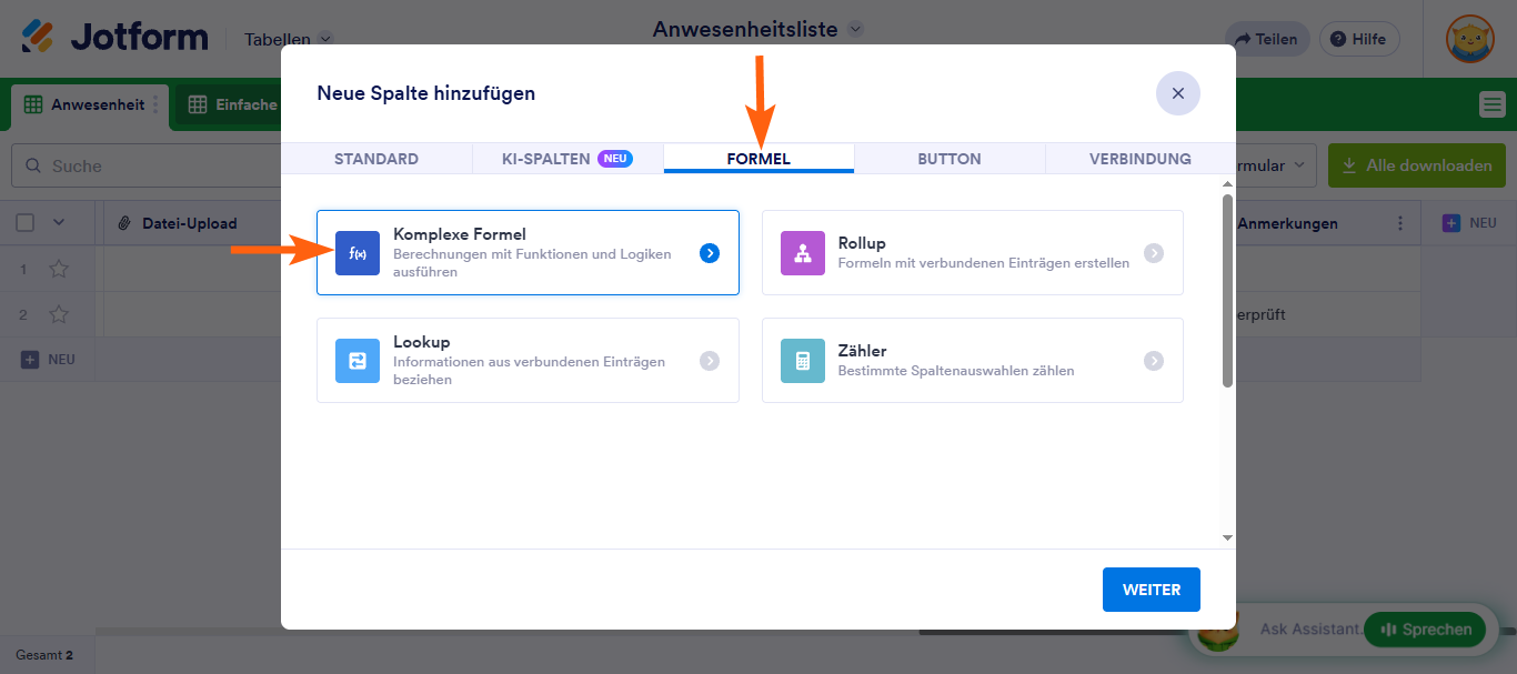 Erweiterte Formeln in Jotform Tabellen verwenden Image-2