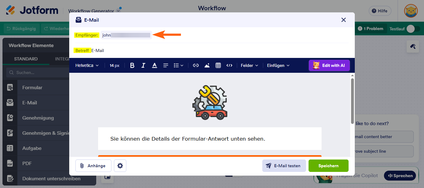 Wie Sie ein Element zum Senden von E-Mails in Jotform Approvals einrichten Image-5
