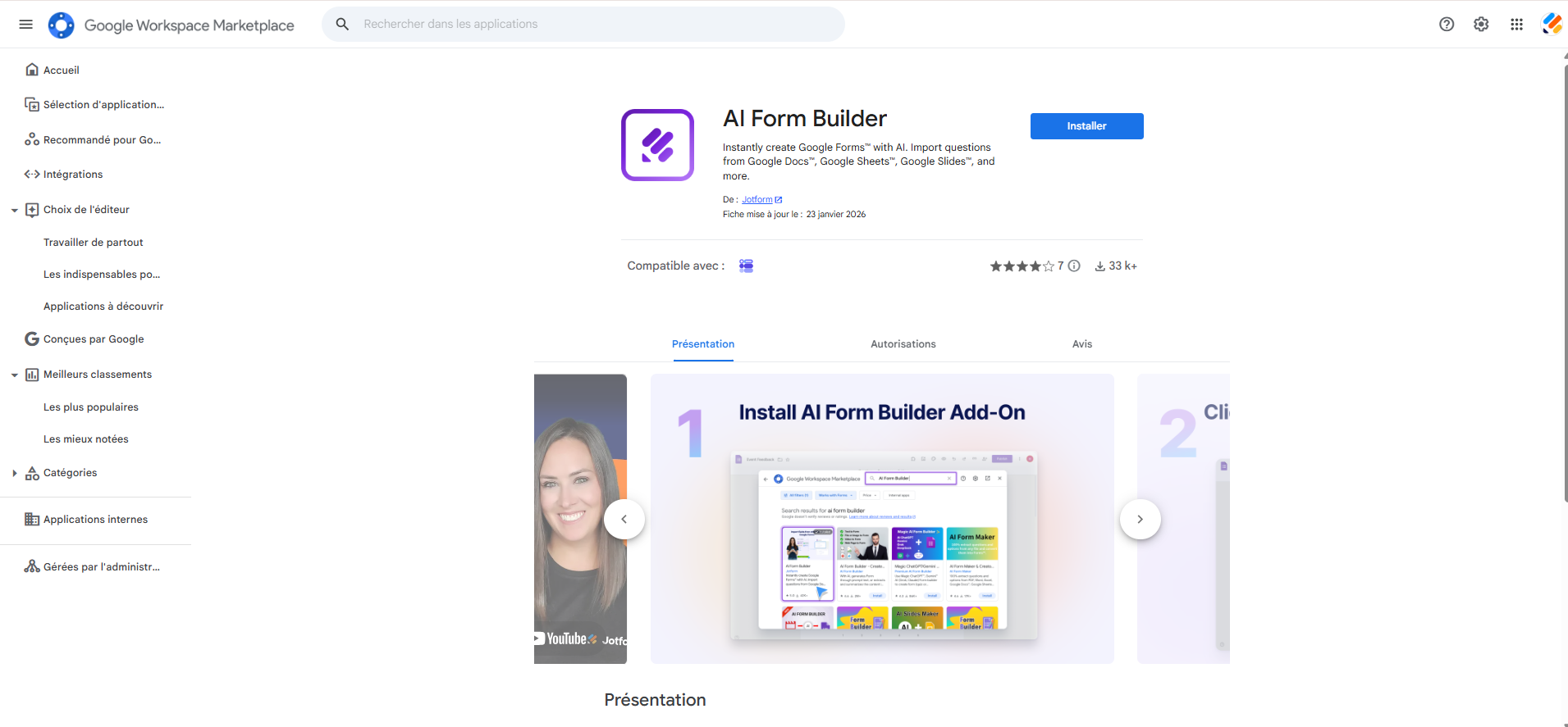 Capture d'écran de la fenêtre du module complémentaire AI Form Builder sur la Google Workspace Marketplace