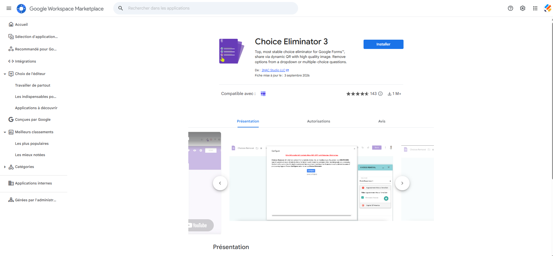 Capture d'écran de la fenêtre du module complémentaire Choice Eliminator 3 sur la Google Workspace Marketplace