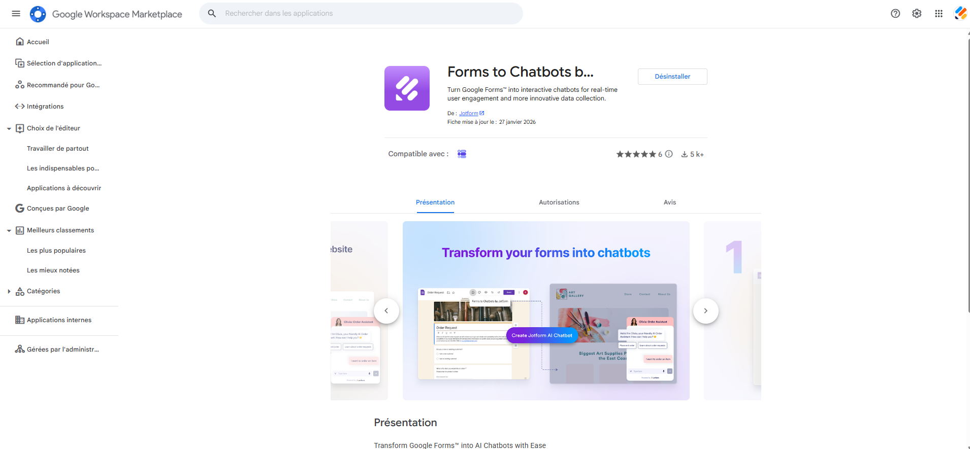Capture d'écran de la fenêtre du module complémentaire Forms to Chatbots by Jotform sur la Google Workspace Marketplace