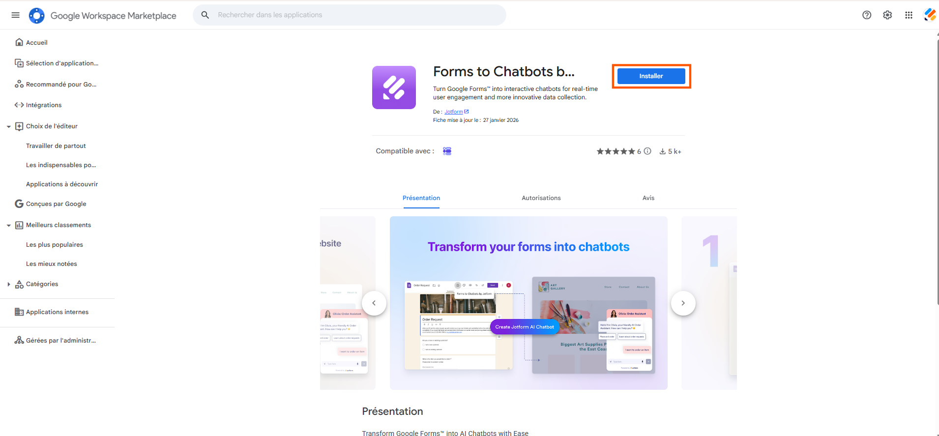 Capture d'écran de la fenêtre du module complémentaire Forms to Chatbots by Jotform sur la Google Workspace Marketplace avec un encadré autour du bouton Installer