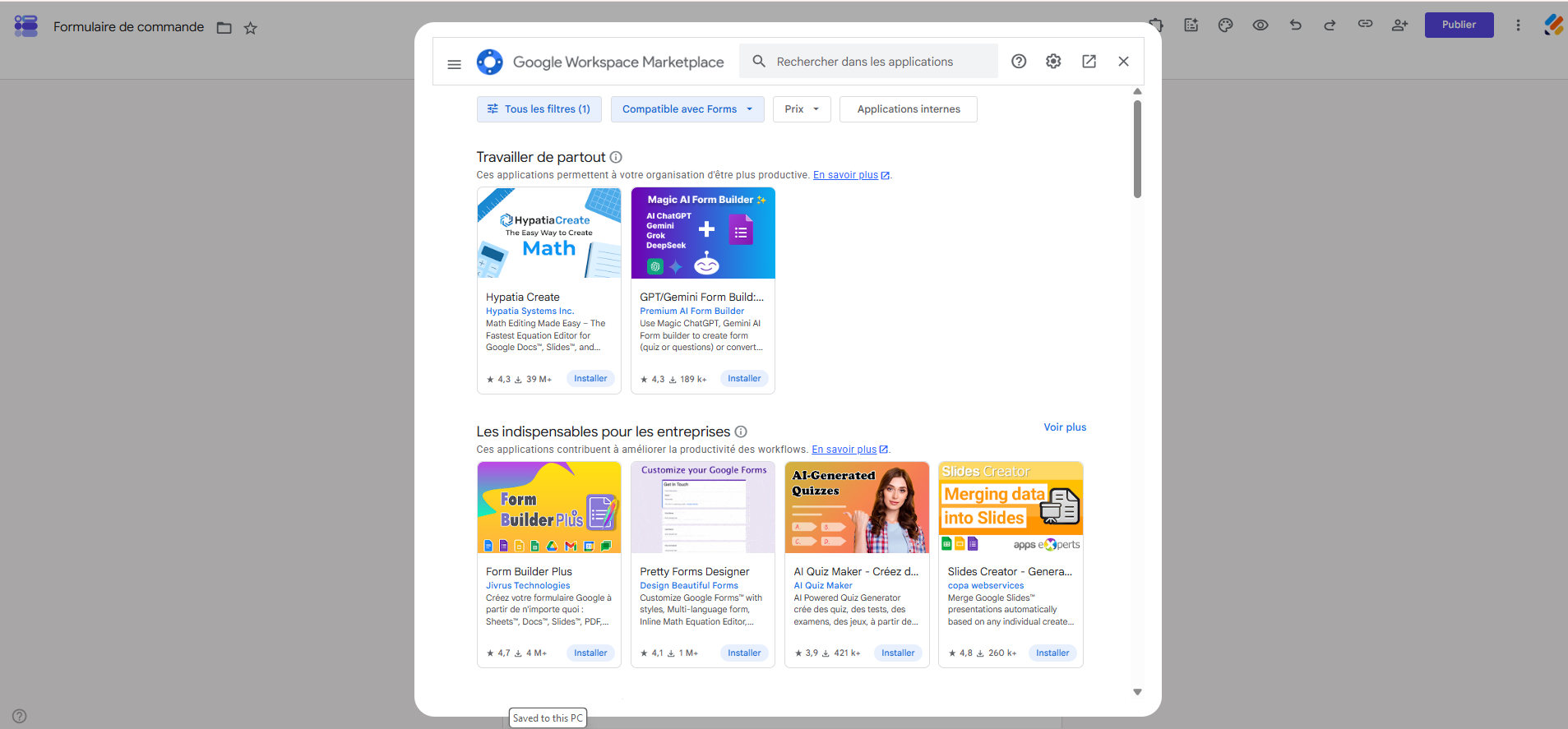 Capture d'écran de la page d'accueil de la Google Workspace Marketplace dans Google Forms