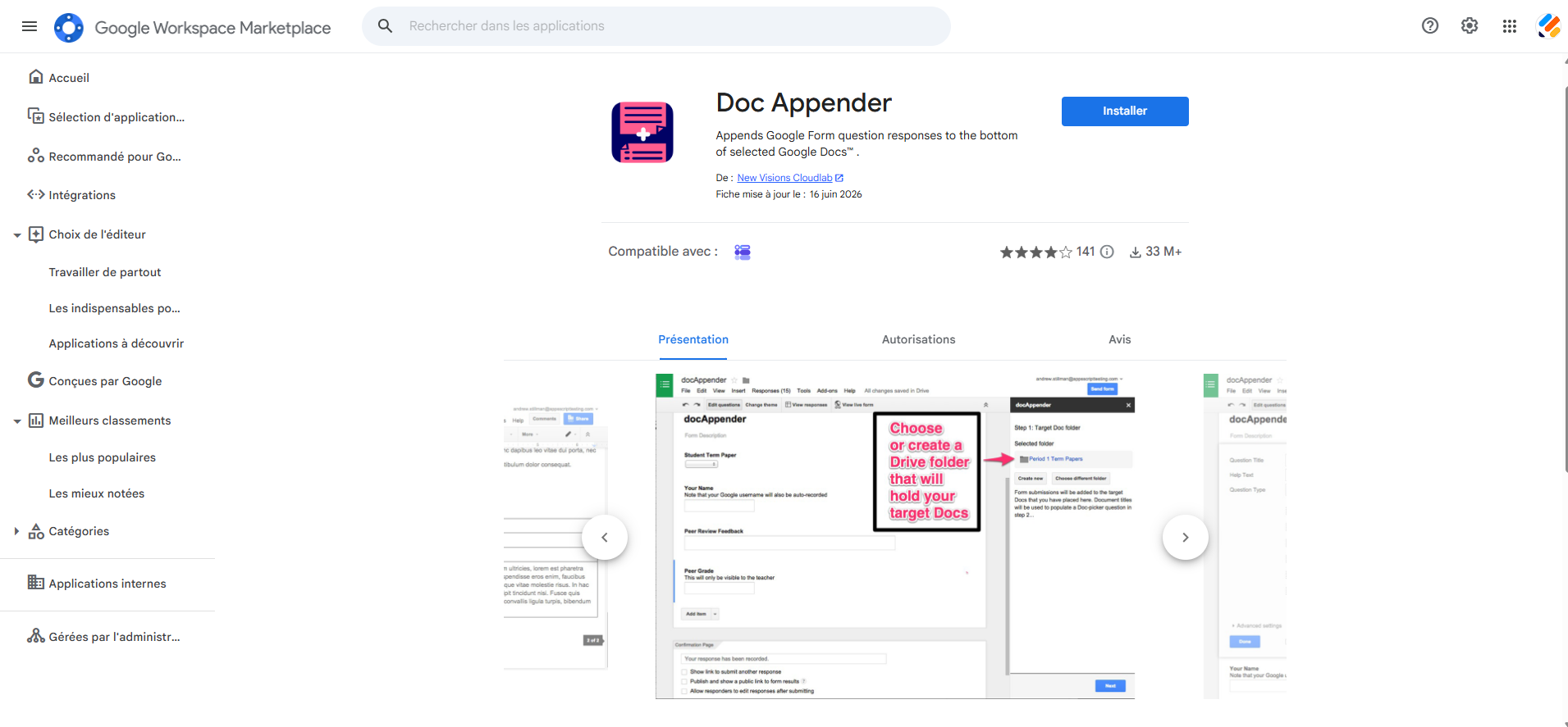 Capture d'écran de la fenêtre du module complémentaire Doc Appender sur la Google Workspace Marketplace