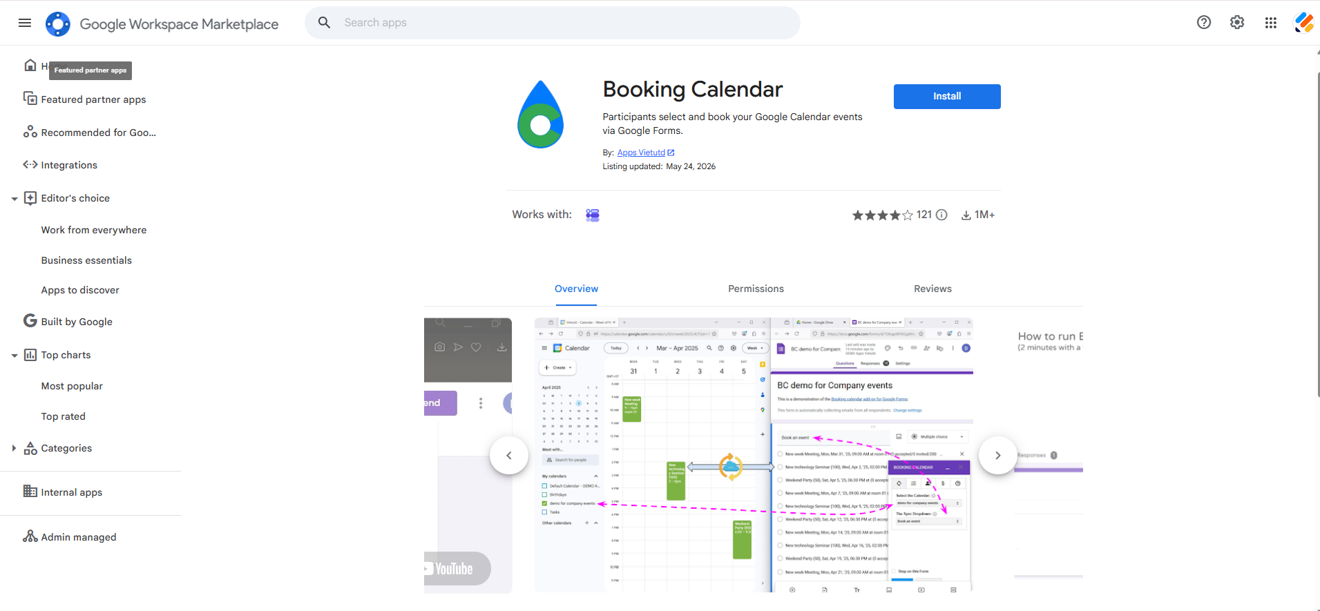 Capture d'écran de la fenêtre du module complémentaire Booking Calendar sur la Google Workspace Marketplace