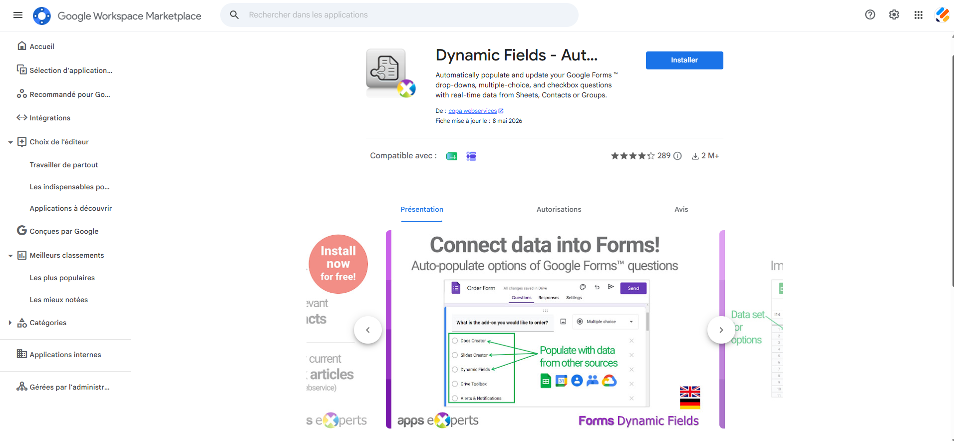 Capture d'écran de la fenêtre du module complémentaire Dynamic Fields sur la Google Workspace Marketplace