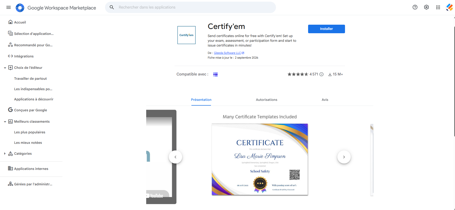 Capture d'écran de la fenêtre du module complémentaire Certify’em sur la Google Workspace Marketplace