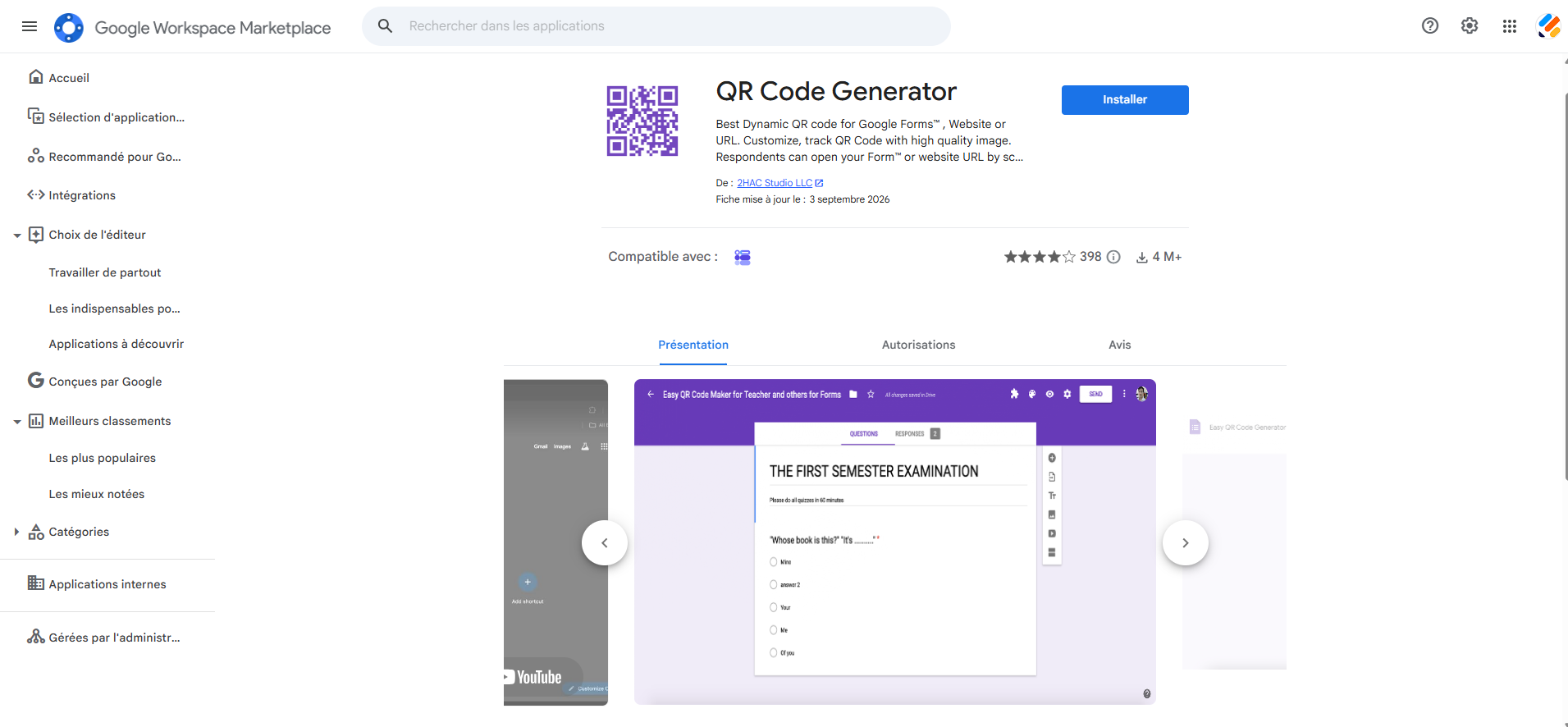 Capture d'écran de la fenêtre du module complémentaire QR Code Generator sur la Google Workspace Marketplace