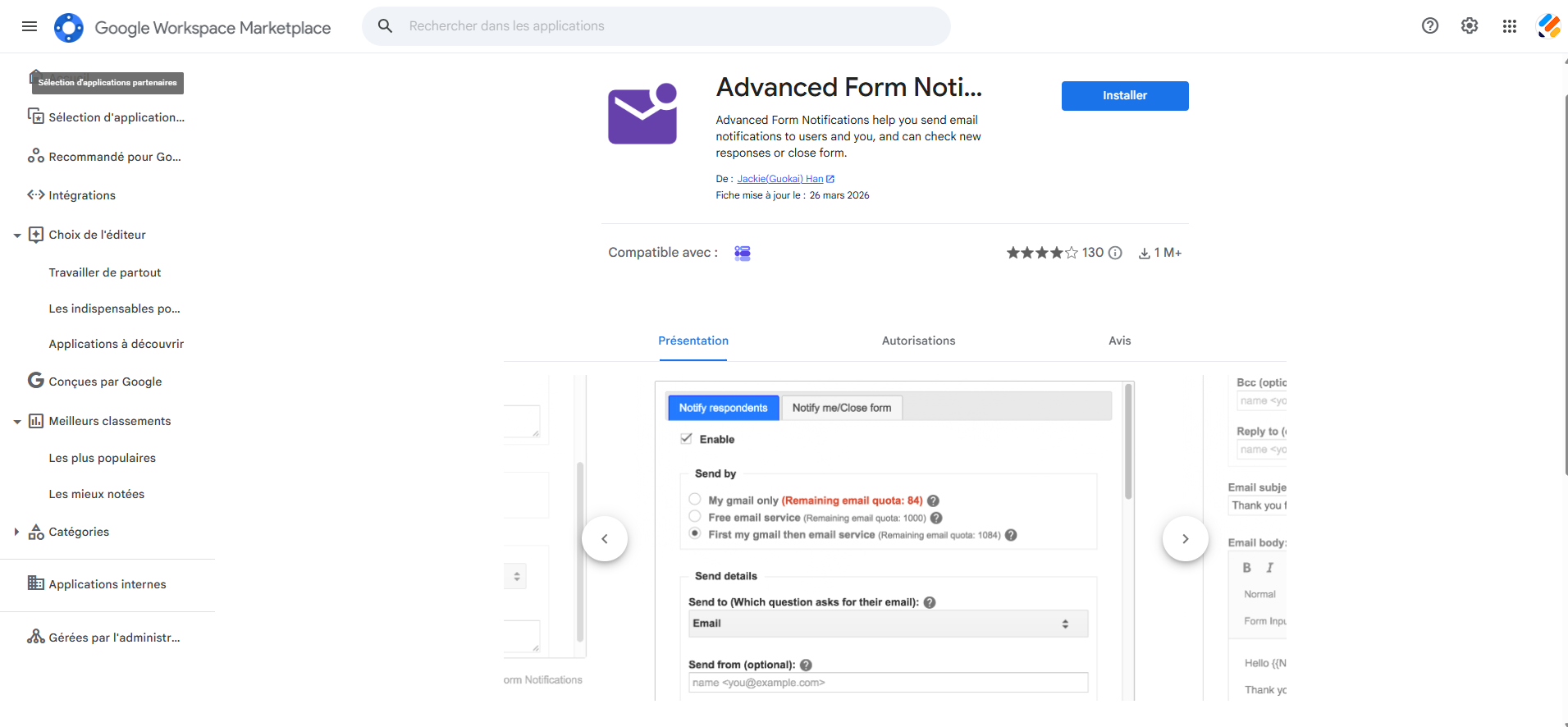 Capture d'écran de la fenêtre du module complémentaire Advanced Form Notifications sur la Google Workspace Marketplace
