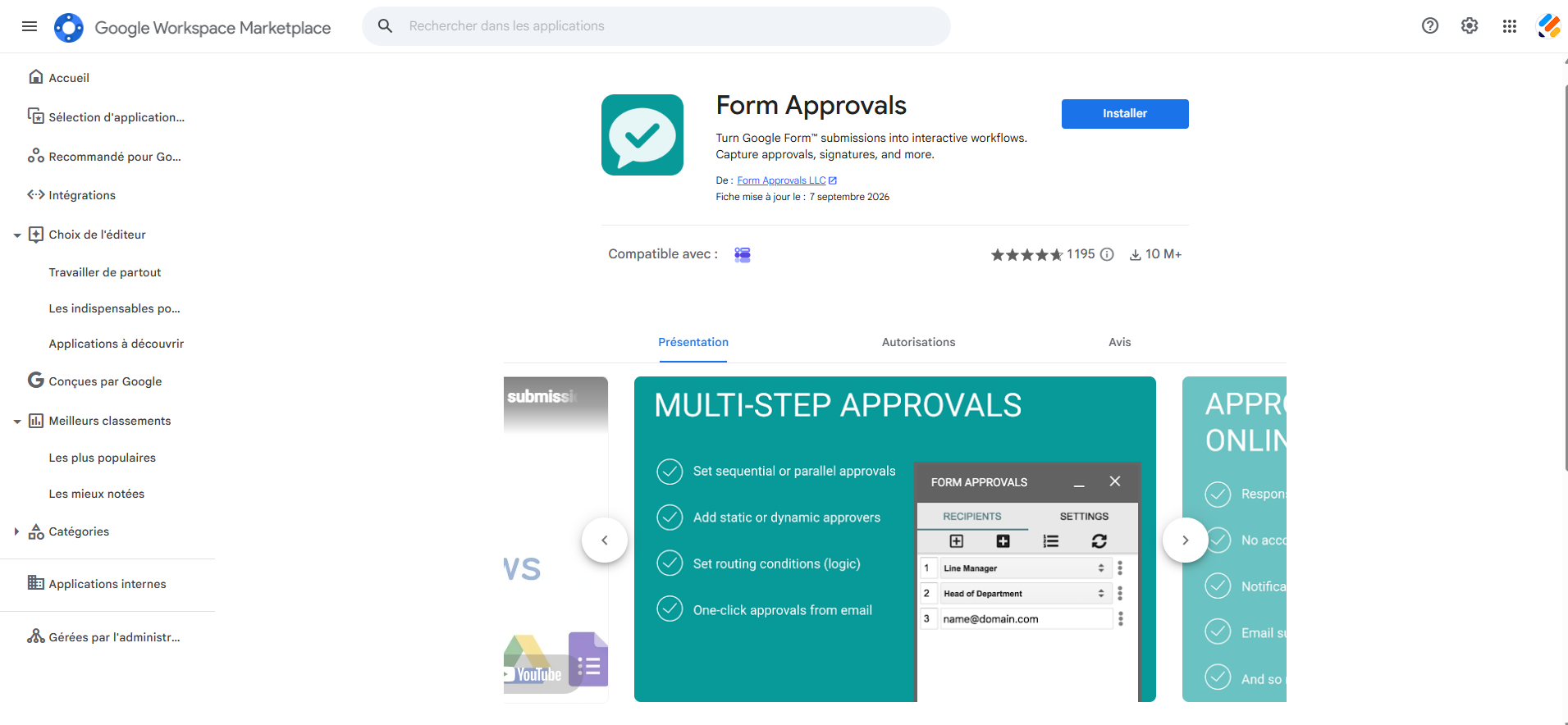 Capture d'écran de la fenêtre du module complémentaire Form Approvals sur la Google Workspace Marketplace