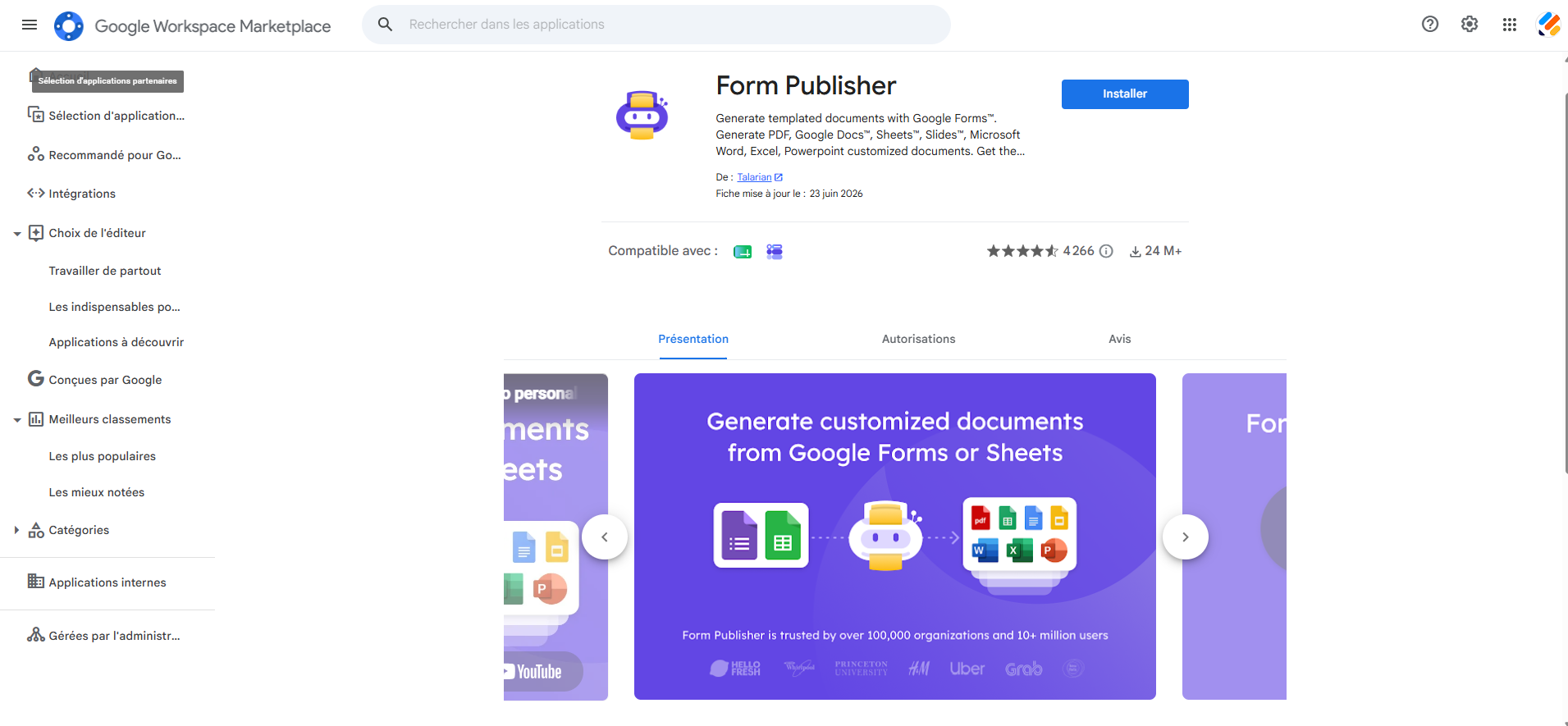 Capture d'écran de la fenêtre du module complémentaire Form Publisher sur la Google Workspace Marketplace