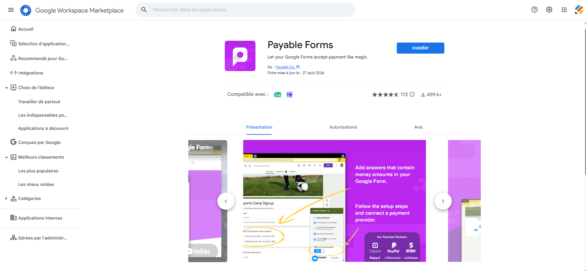Capture d'écran de la fenêtre du module complémentaire Payable Forms sur la Google Workspace Marketplace