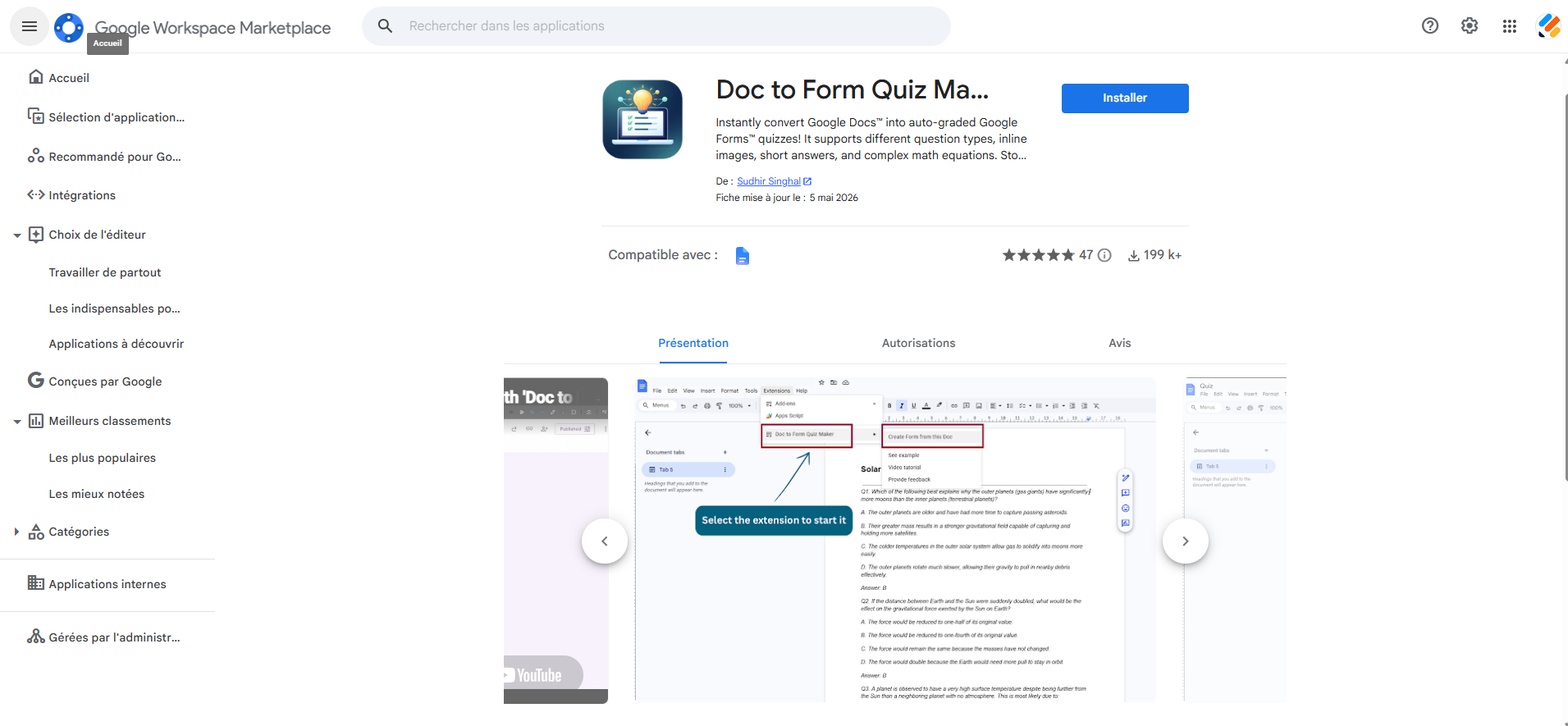 Capture d'écran de la fenêtre du module complémentaire Doc to Form Quiz Maker sur la Google Workspace Marketplace