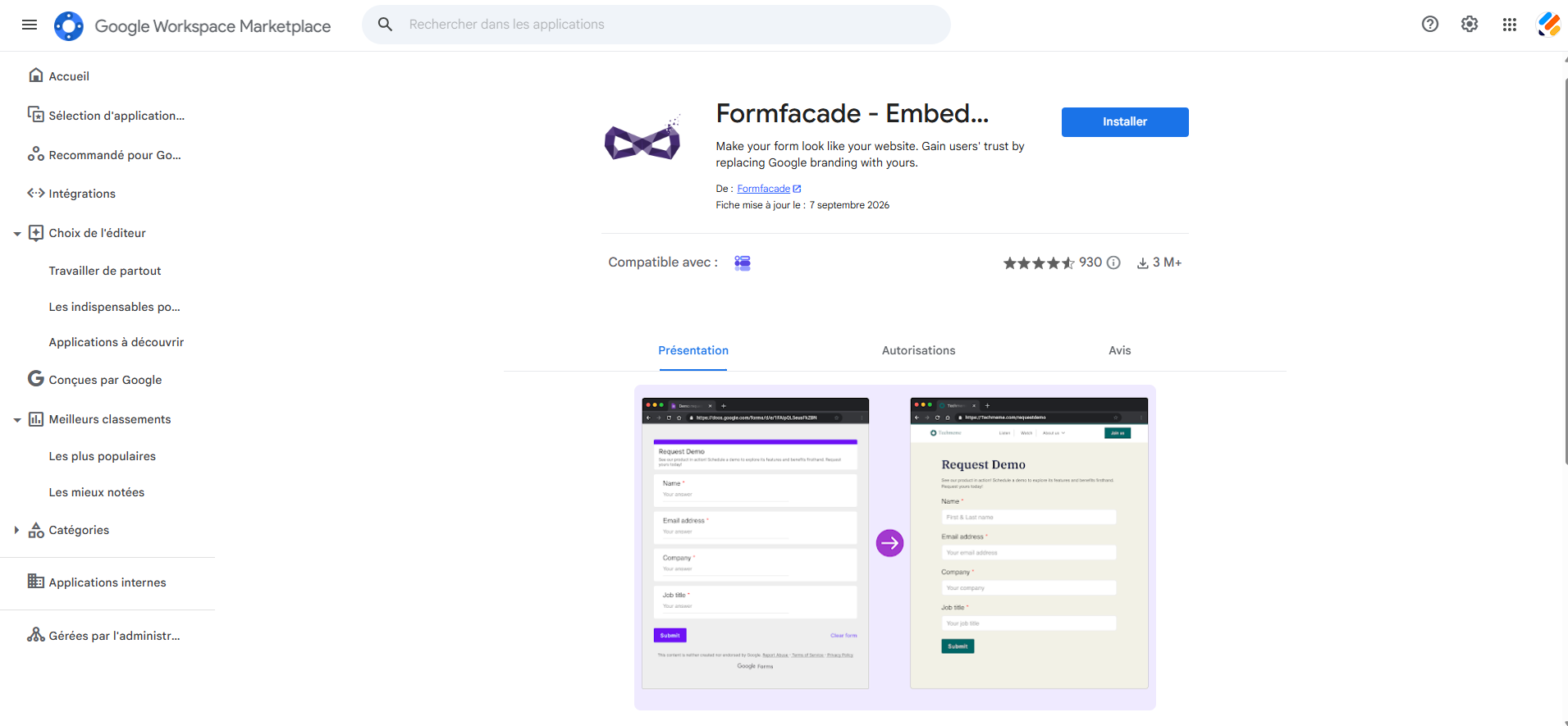 Capture d'écran de la fenêtre du module complémentaire Formfacade sur la Google Workspace Marketplace