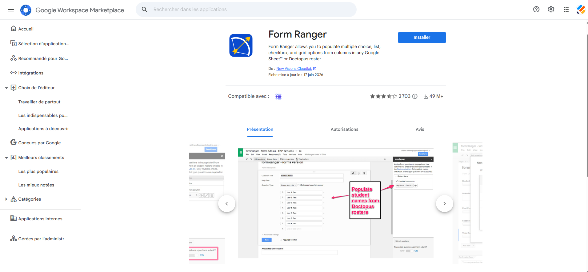 Capture d'écran de la fenêtre du module complémentaire Form Ranger sur la Google Workspace Marketplace