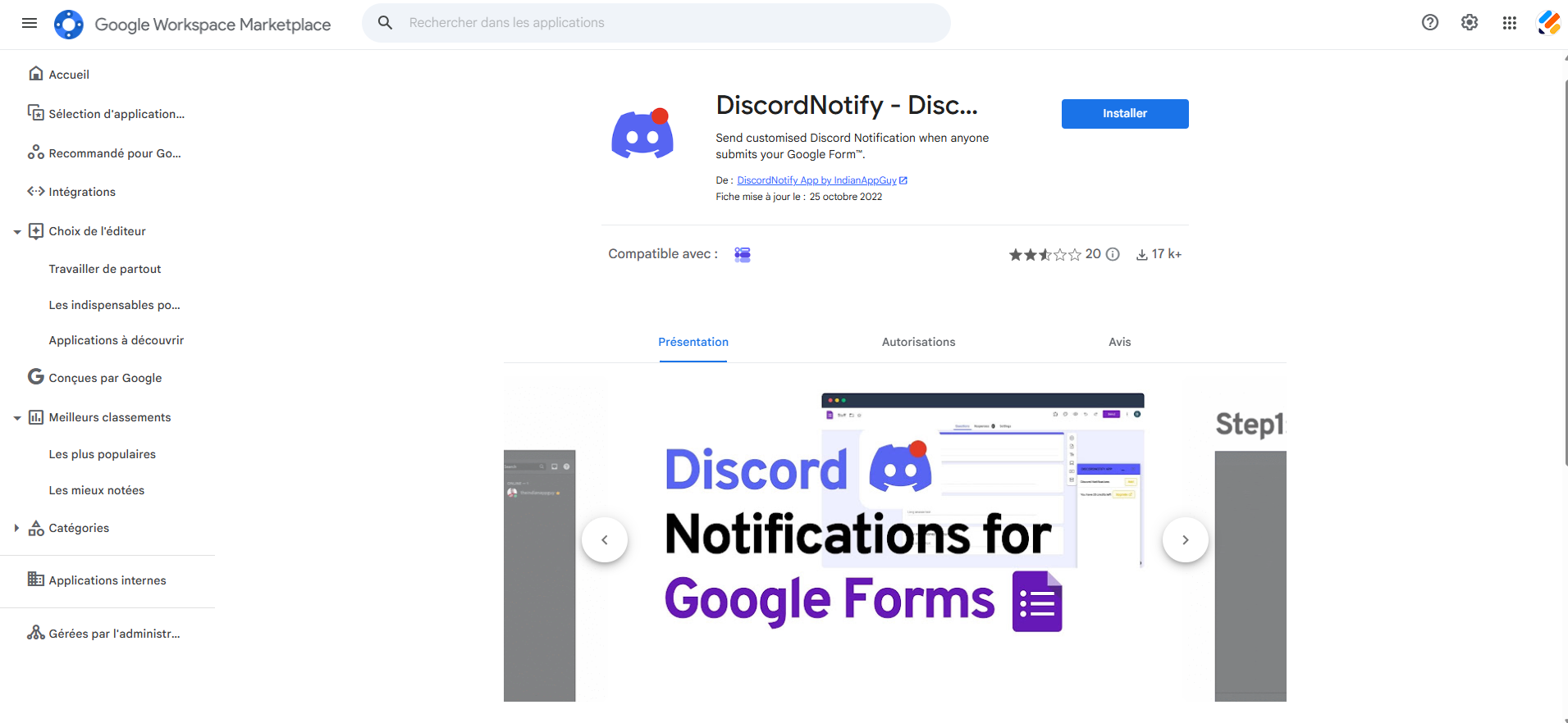 Capture d'écran de la fenêtre du module complémentaire DiscordNotify sur la Google Workspace Marketplace