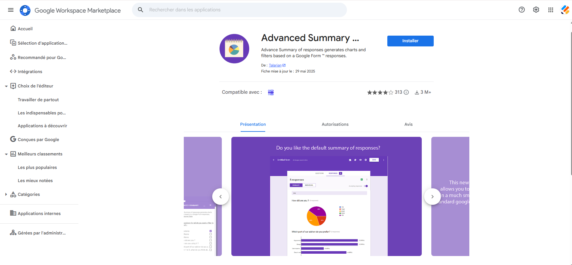 Capture d'écran de la fenêtre du module complémentaire Advanced Summary sur la Google Workspace Marketplace
