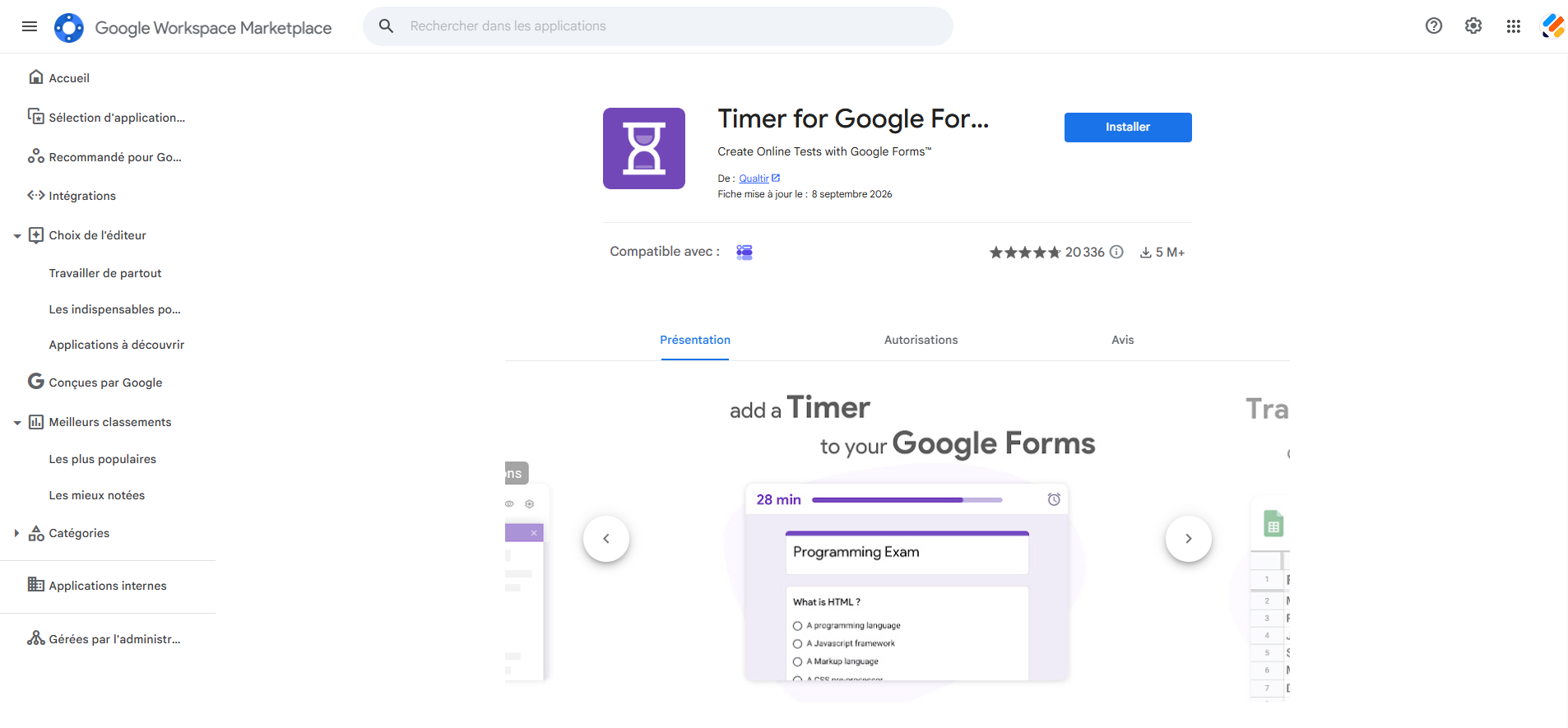 Capture d'écran de la fenêtre du module complémentaire Timer for Google Forms sur la Google Workspace Marketplace