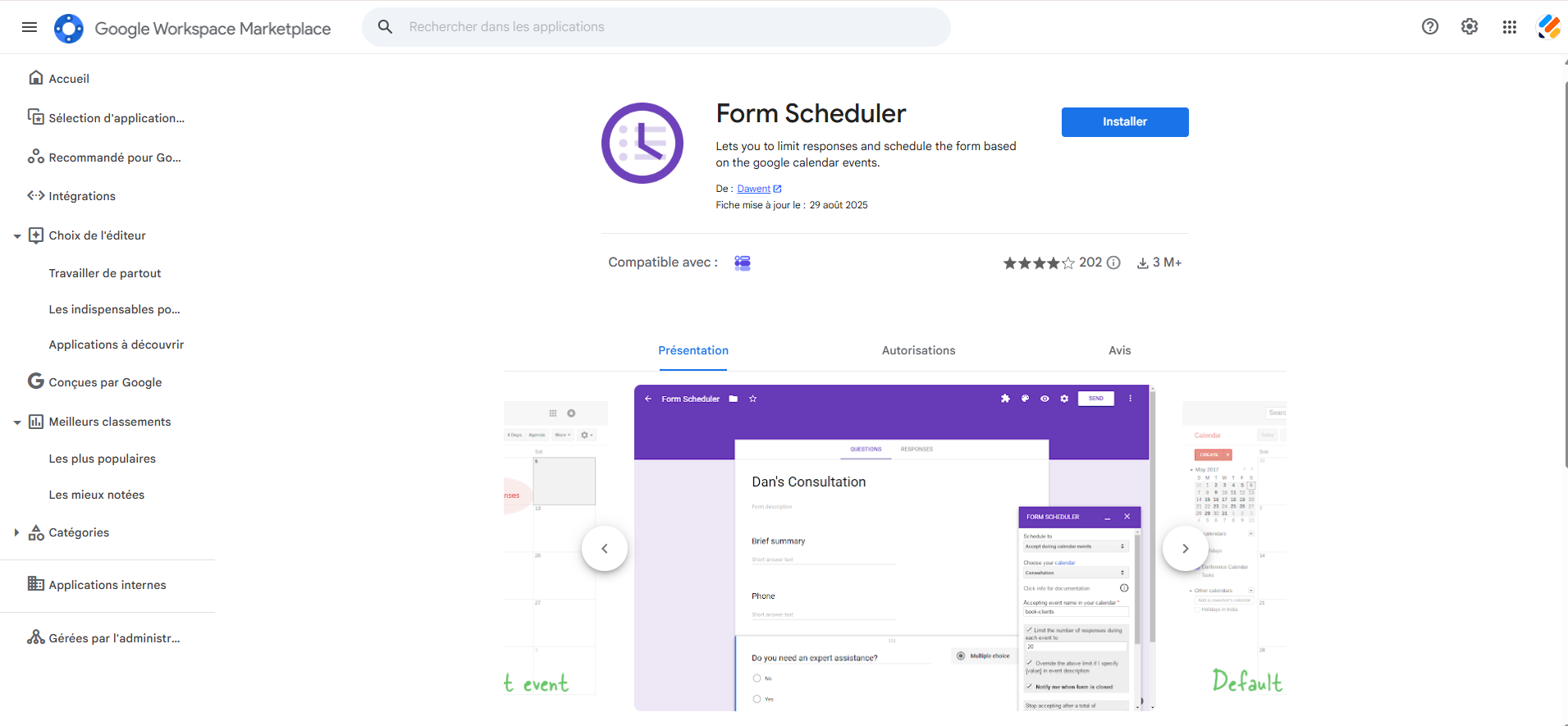 Capture d'écran de la fenêtre du module complémentaire Form Scheduler sur la Google Workspace Marketplace
