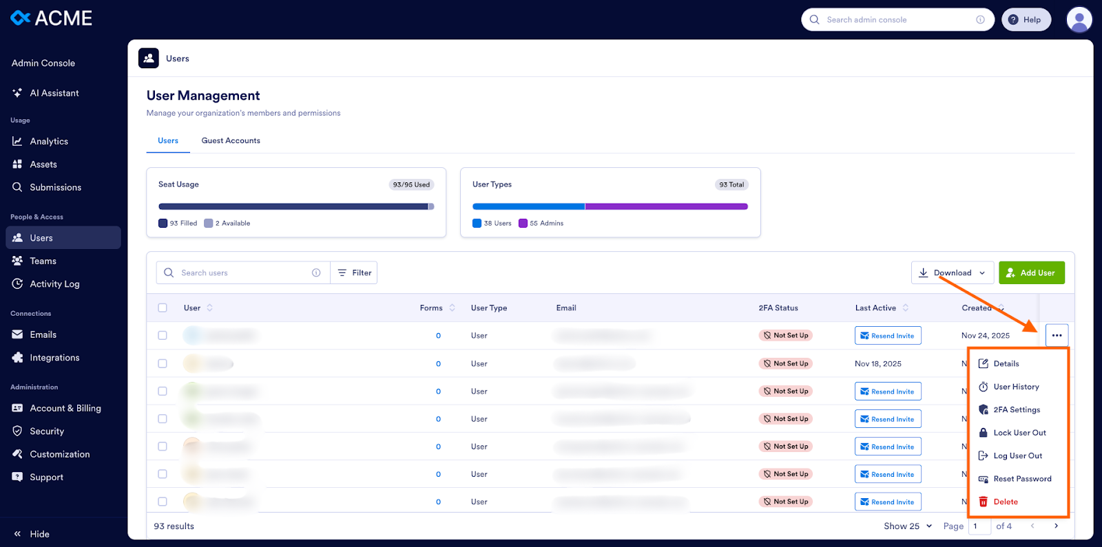 Clicking on the three-dots next to the user’s record and viewing the options on the User Management tab