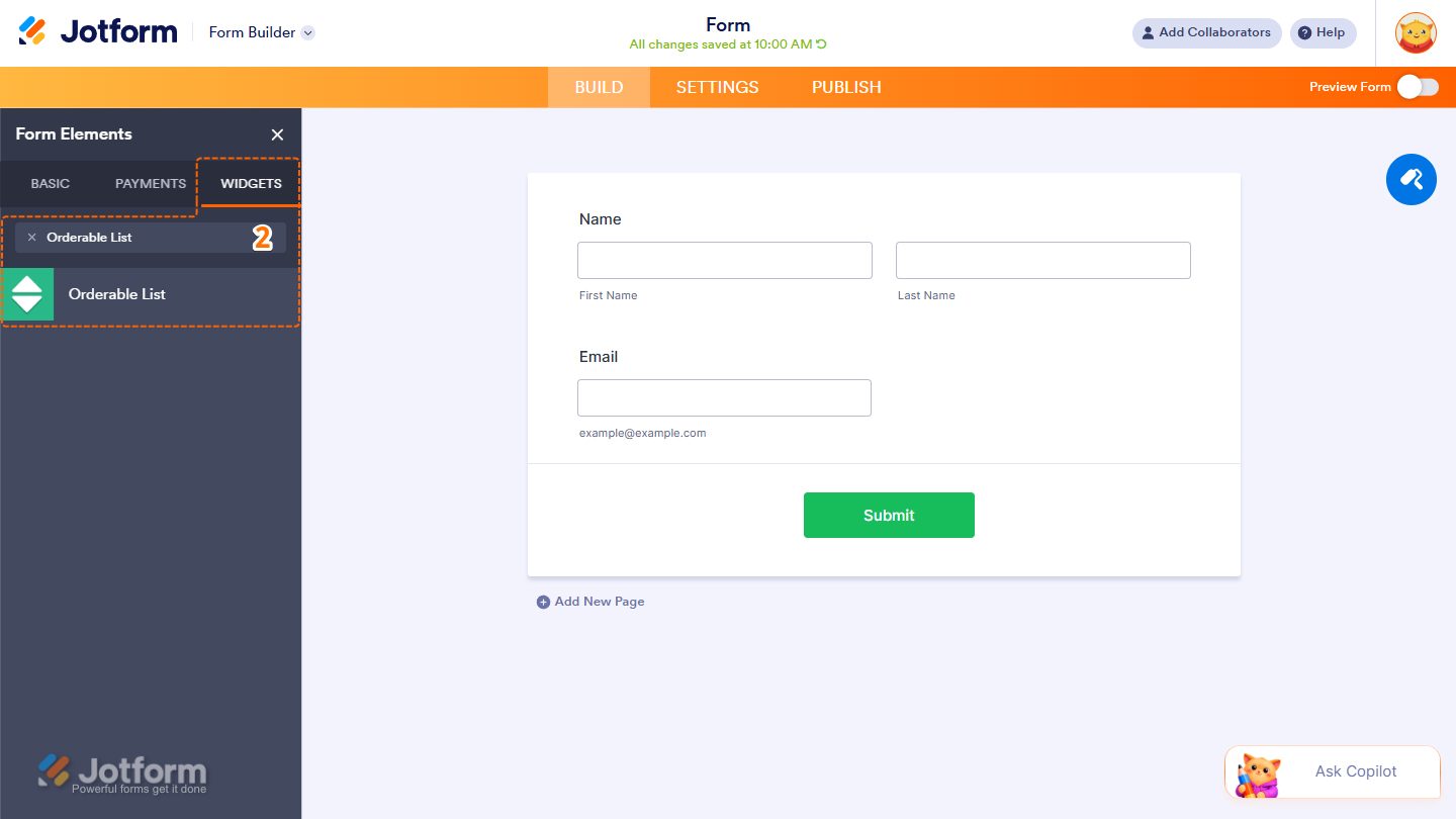 Orderable List option in the Widgets tab of the Jotform Form Builder