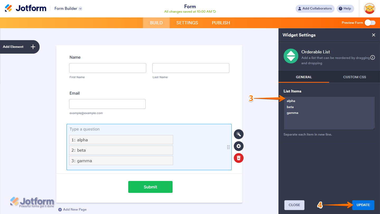 List Items in the Orderable List widget settings