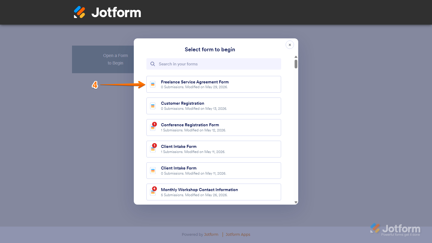 Select Form to Begin window showing form selection list in the Field Manager App for Jotform