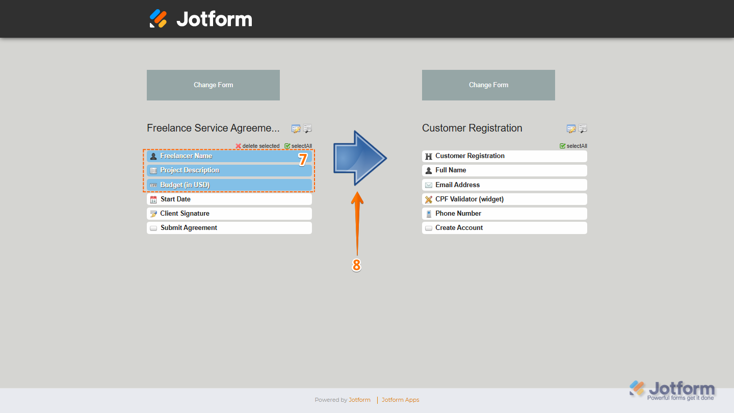 Field Manager App showing selected source fields and Right Arrow icon used to clone fields to the destination form in Jotform