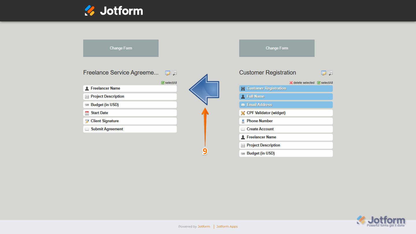 Field Manager App showing selected destination fields and Left Arrow icon used to copy fields back to the source form in Jotform