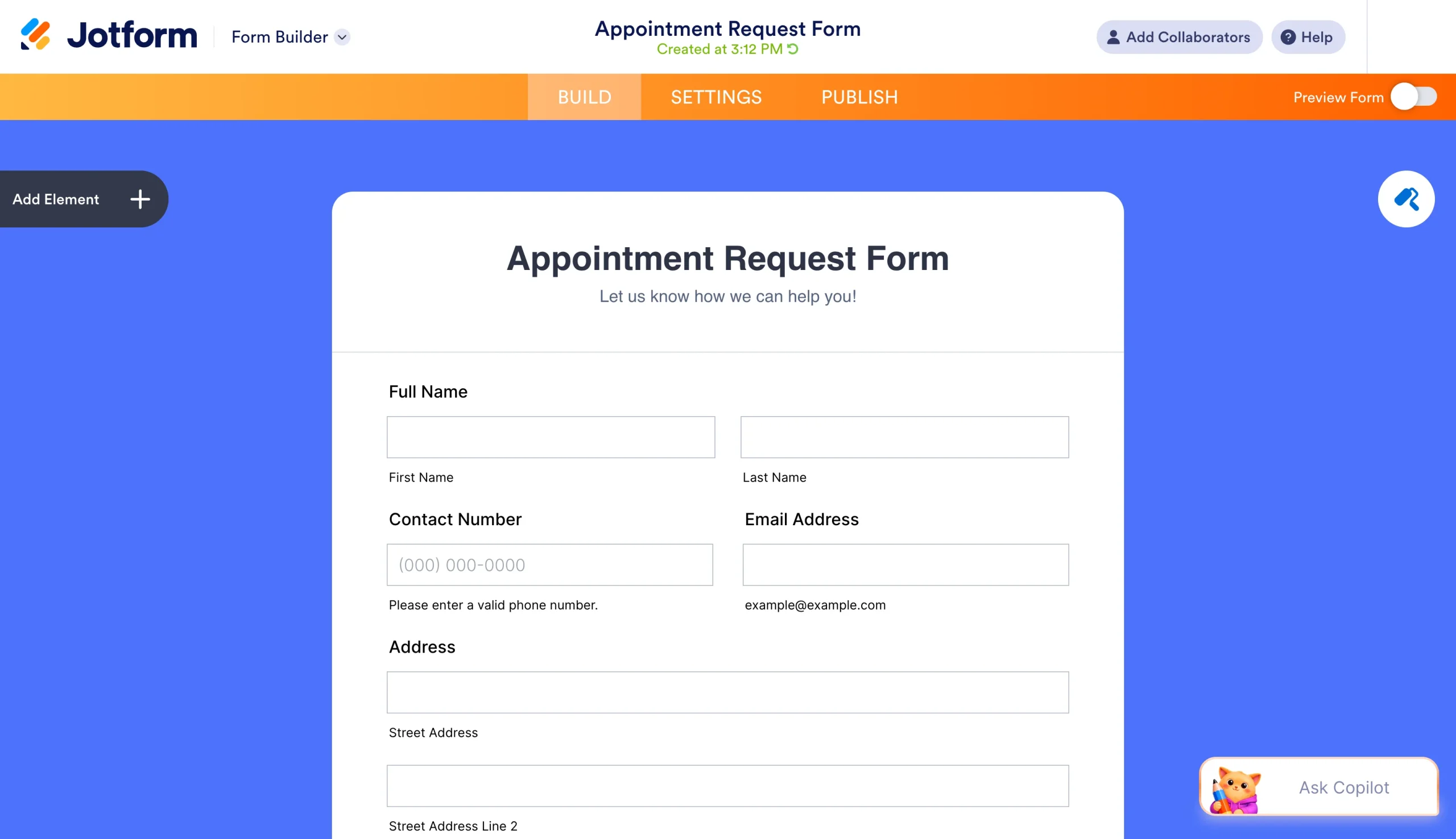 Jotform Form Builder displaying an appointment request form with contact information fields