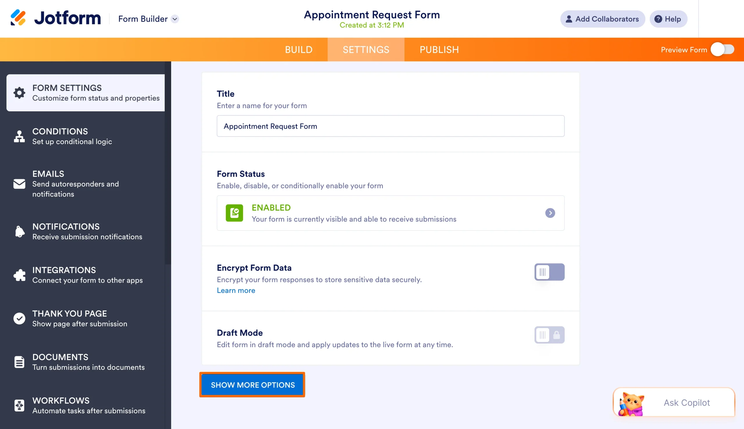 Jotform Form Settings showing the Show More Options button for additional settings