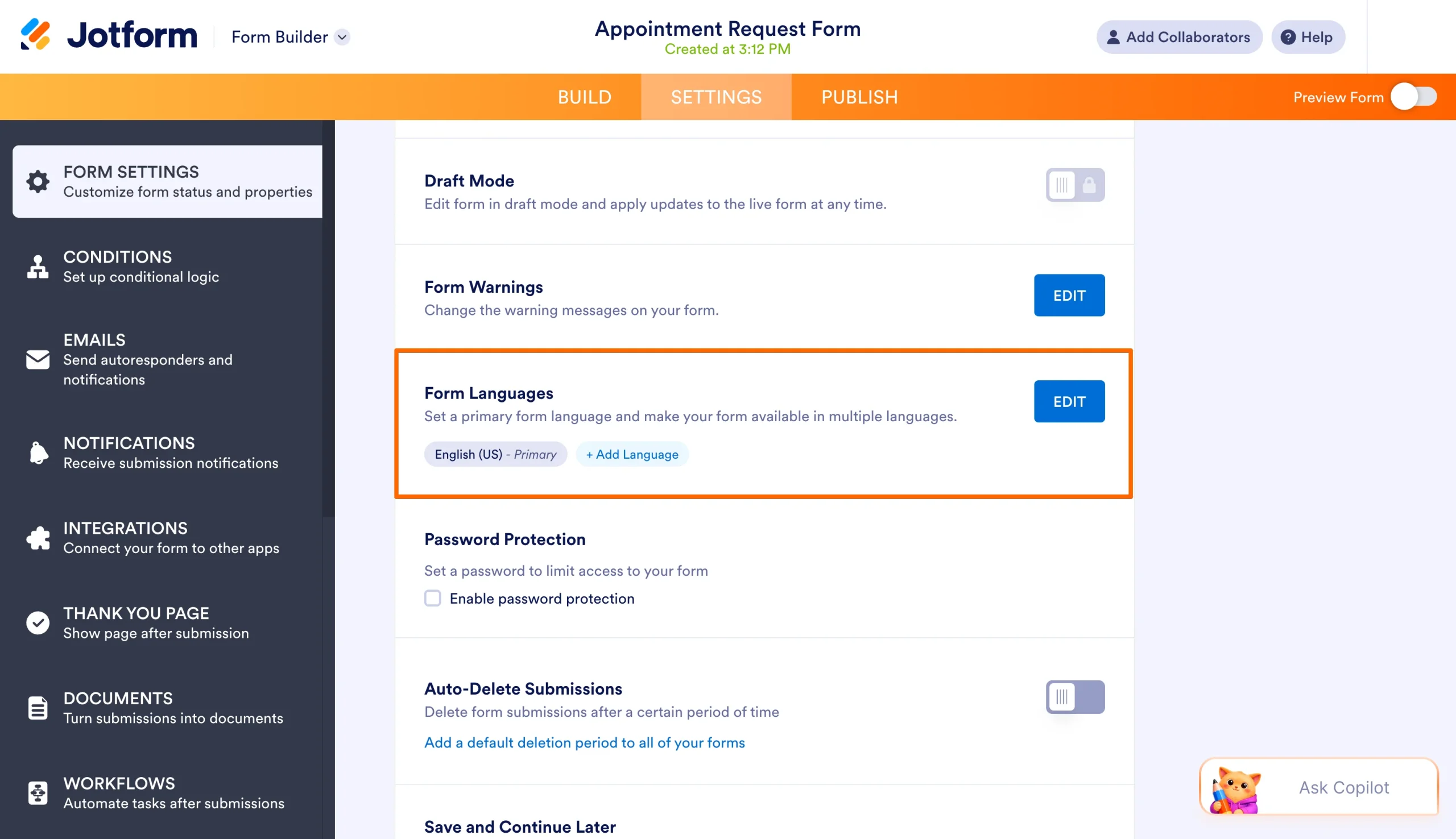 Jotform Form Settings highlighting the Form Languages section and Edit button