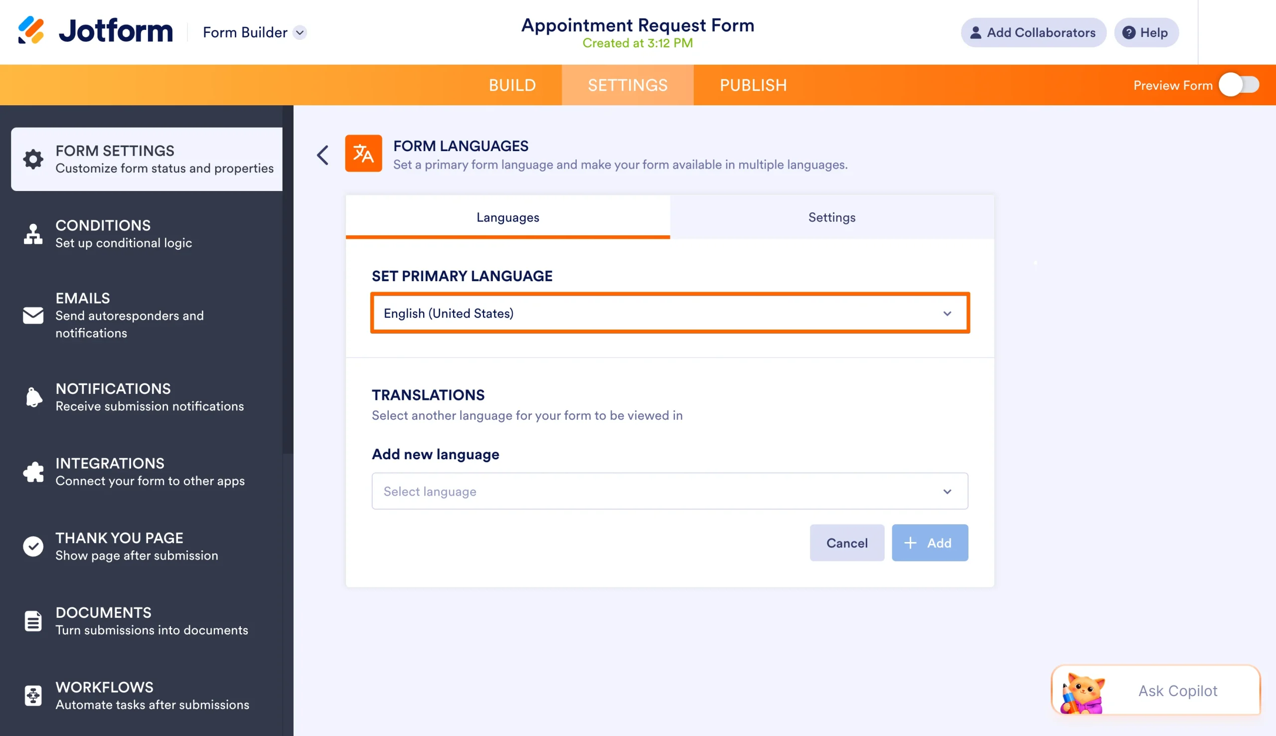 Jotform language settings highlighting English as the primary form language