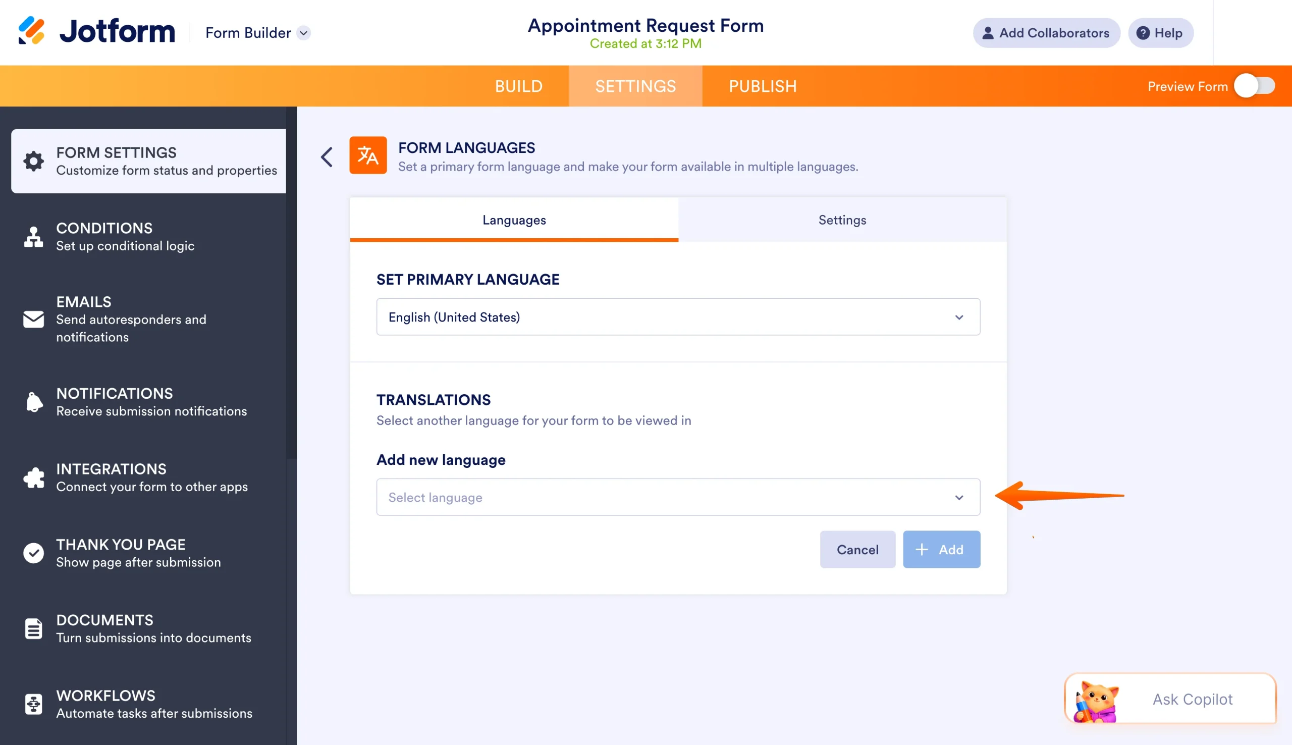 Jotform Form Languages settings showing the Add new language dropdown
