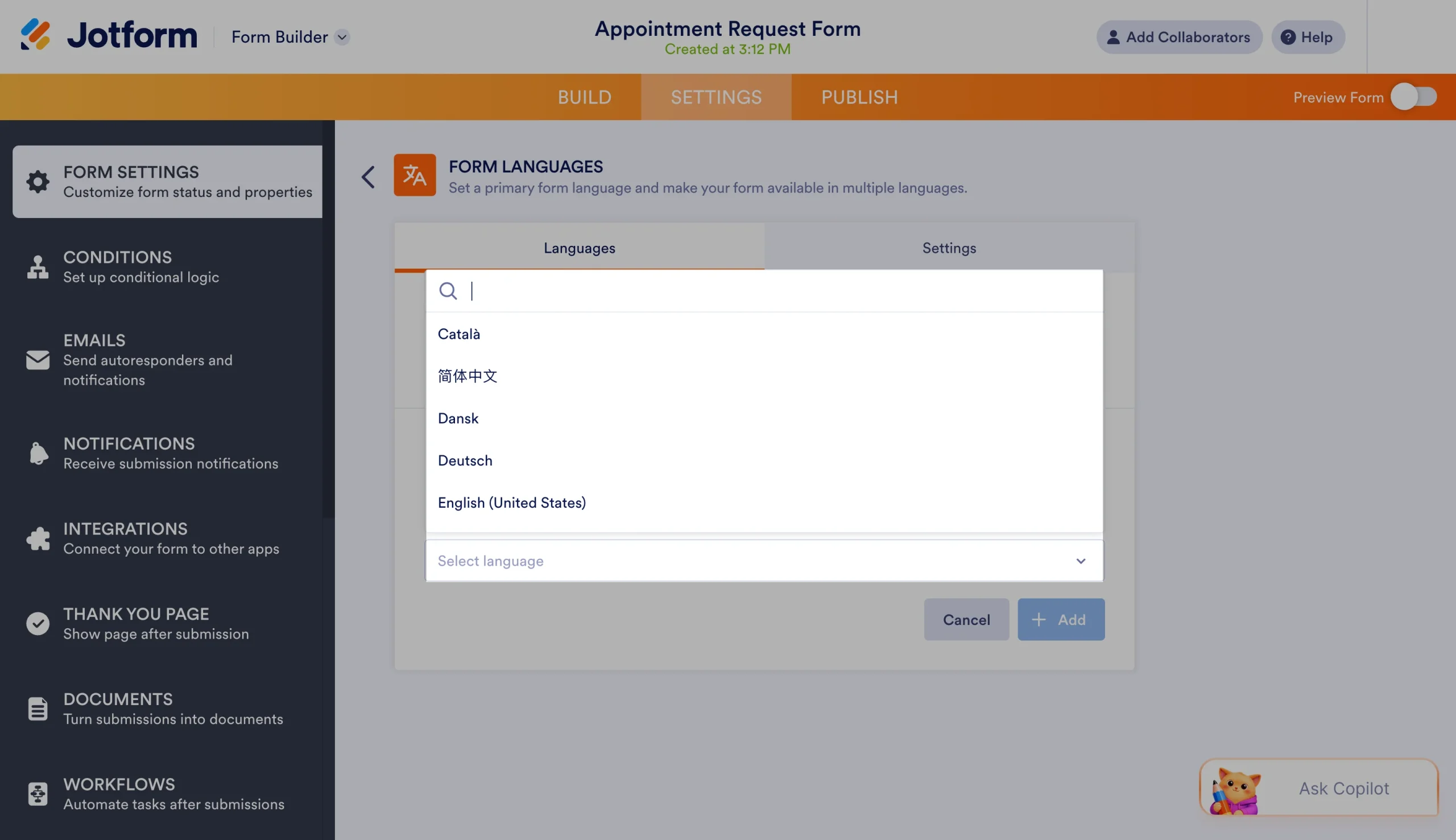 Jotform Form Languages dropdown displaying available languages to add as translations