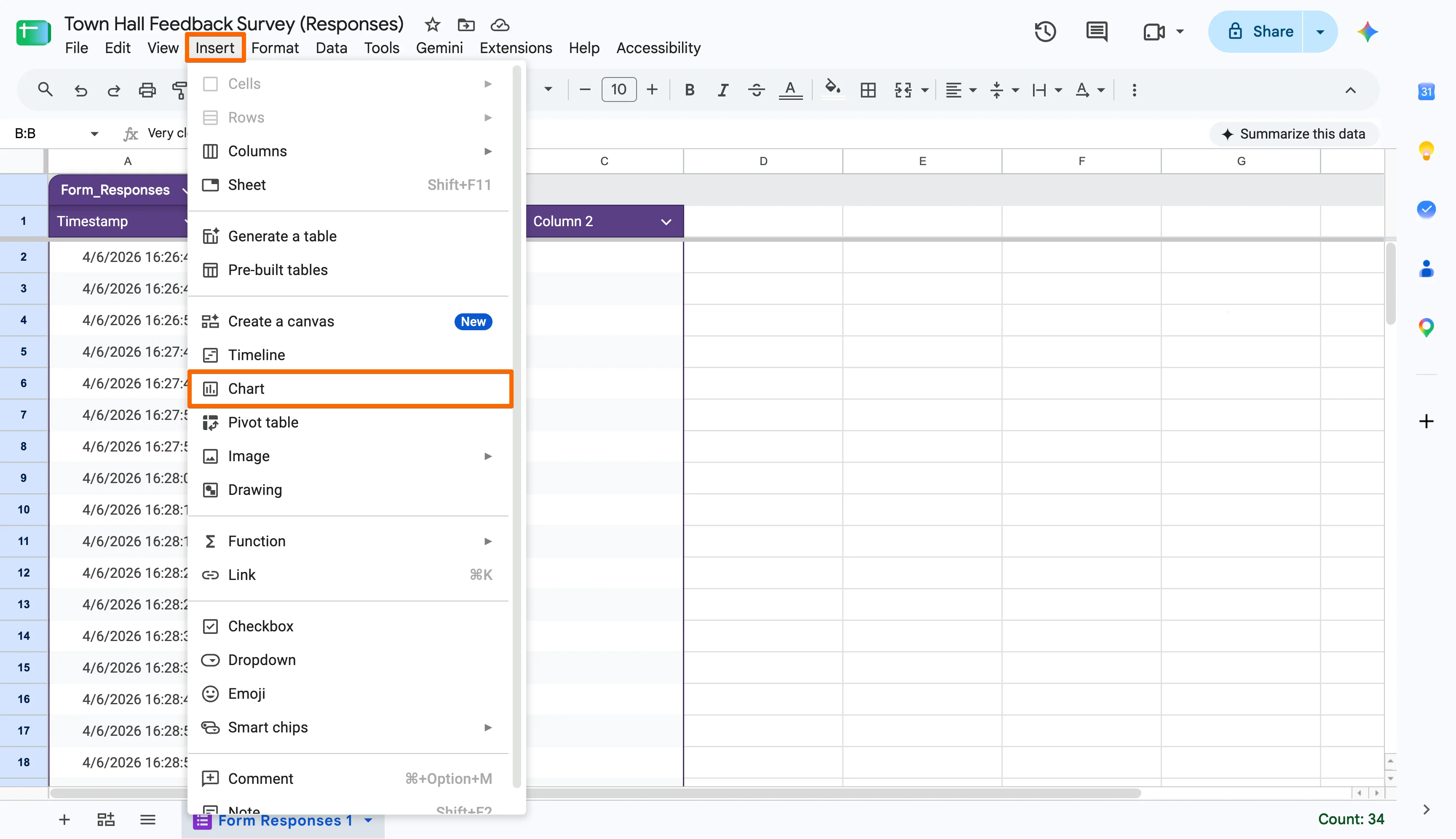Google Sheets Insert menu expanded with the Chart option highlighted for creating charts