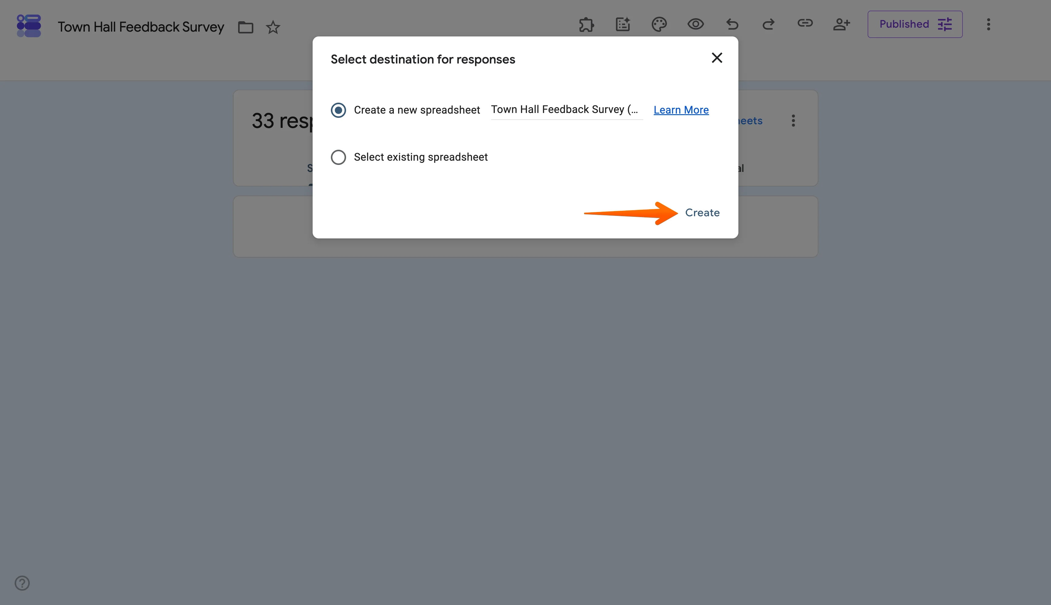Google Forms dialog for selecting a spreadsheet destination with the Create button indicated