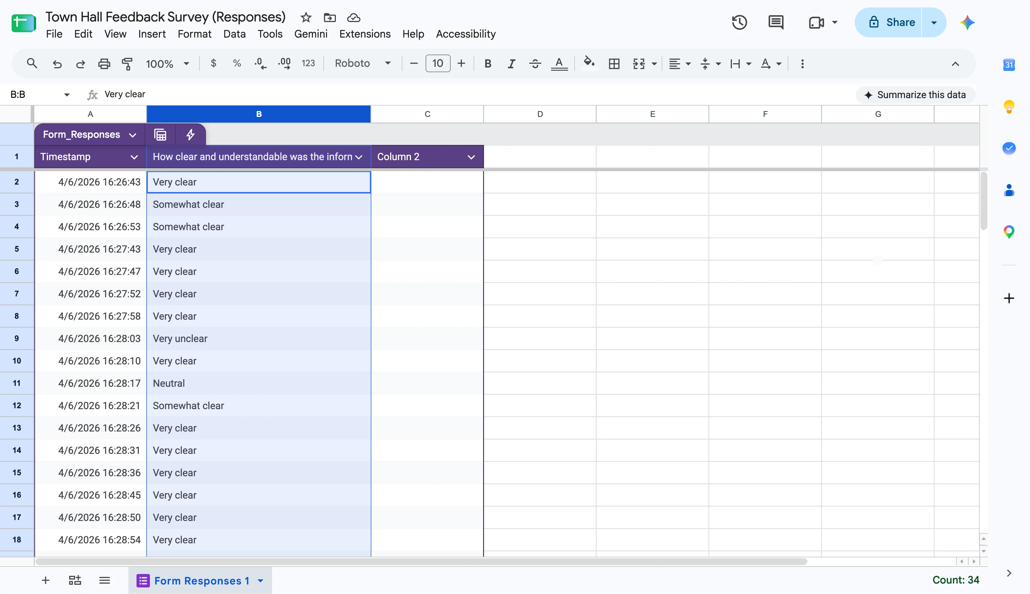 Google Sheets spreadsheet displaying survey responses with the answer data column selected