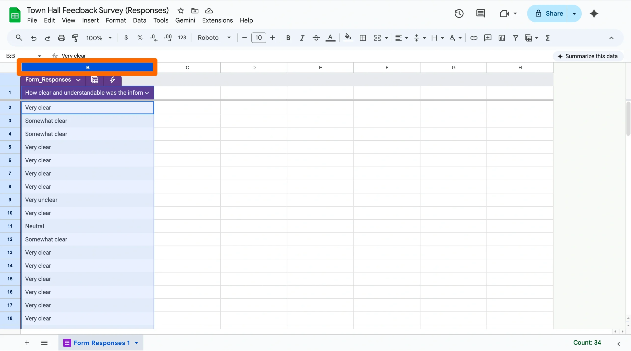 Google Sheets spreadsheet with a column of survey responses selected, including the column header and multiple entries for chart creation