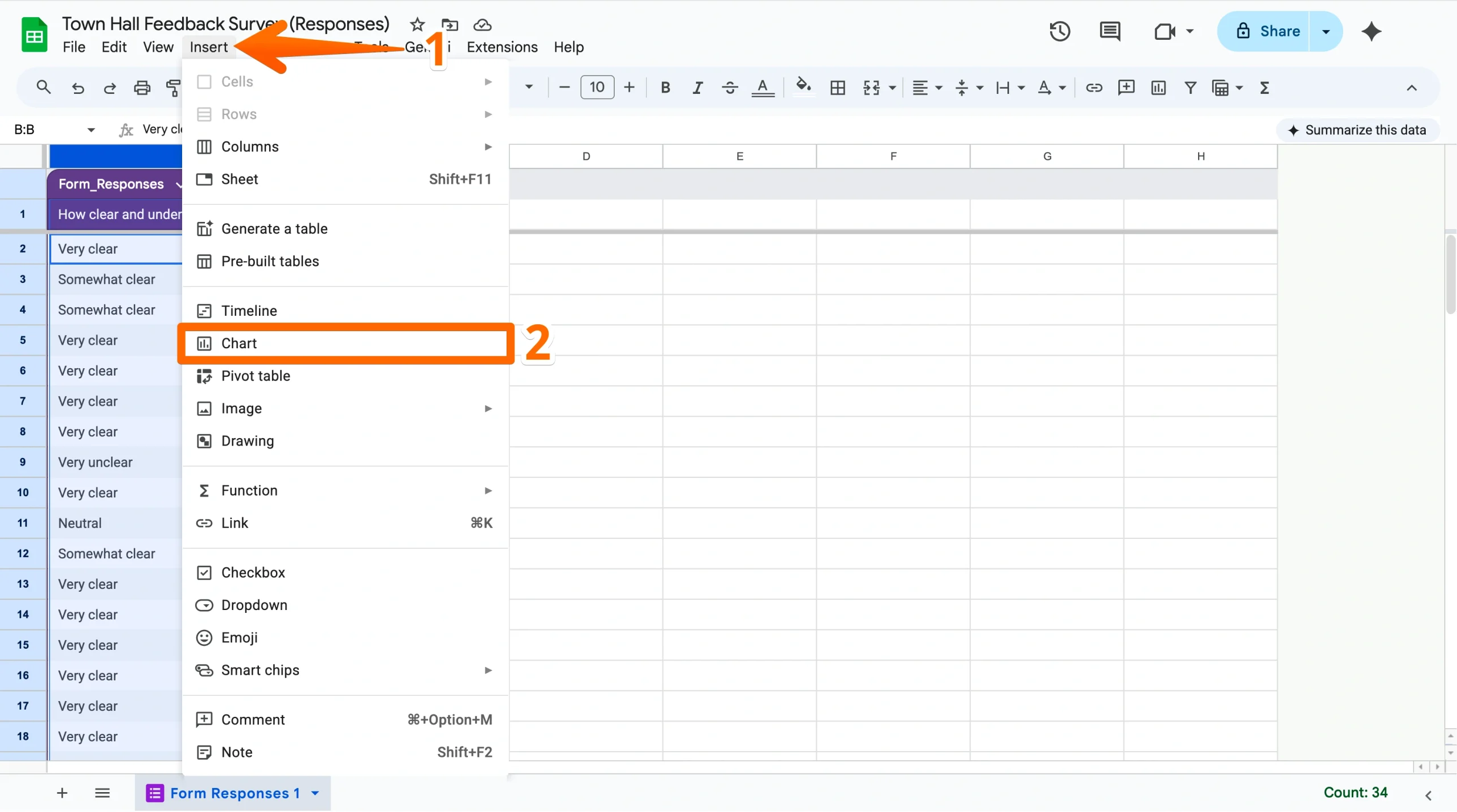Google Sheets interface with the “Insert” menu open and the “Chart” option highlighted for creating a chart