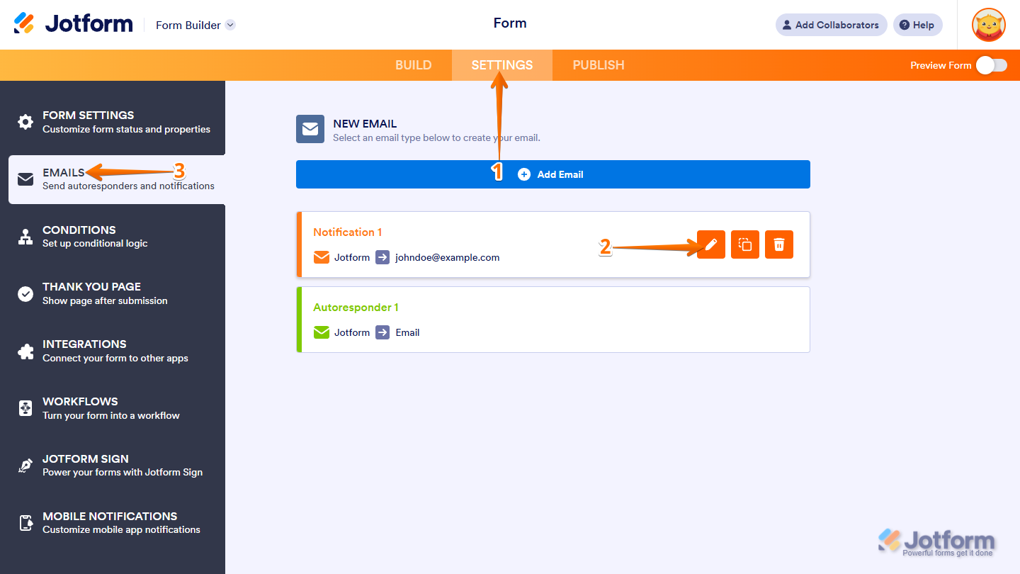 Form Builder Settings menu showing Emails option and email template edit icon for PDF submission download link in Jotform