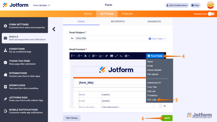 Email content editor showing Form Fields menu and PDF Link option placement in Jotform