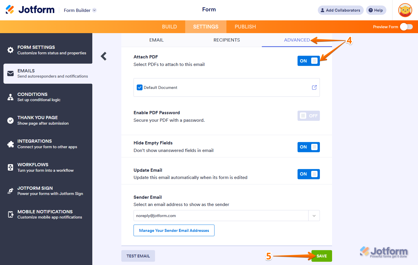 Advanced email settings showing Attach PDF toggle and Save button in Jotform