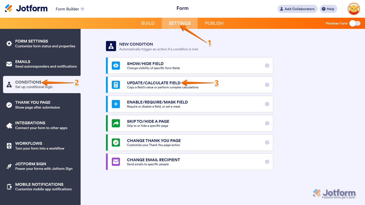 Form Builder Settings menu showing Conditions option and Update Calculate Field selection in Jotform